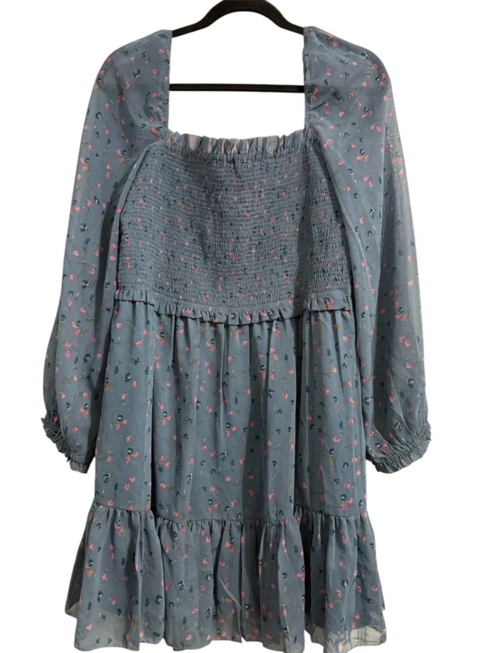 BLUE FLORAL SMOCKED TIERED LONG SLEEVE MINI DRESS SIZE XL - Picture 3 of 3